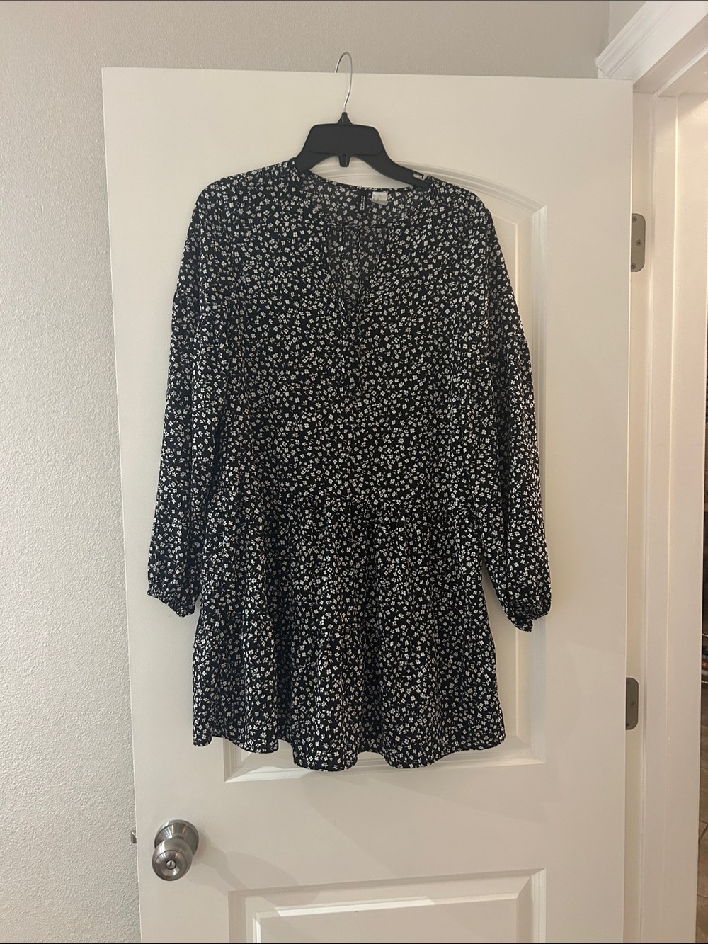 Divided Black Long-Sleeve Mini Dress with White Floral Print